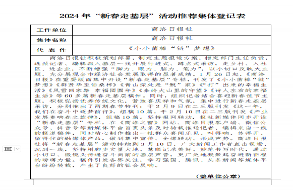商洛日報社推薦參評 2024年“新春走基層”活動先進集體、先進個人和優(yōu)秀作品評選結果的公示